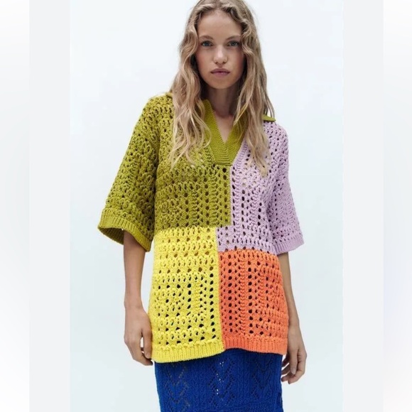 ZARA oversized knit polo sweater shirt color block crotchet rare sold out - Picture 2 of 14